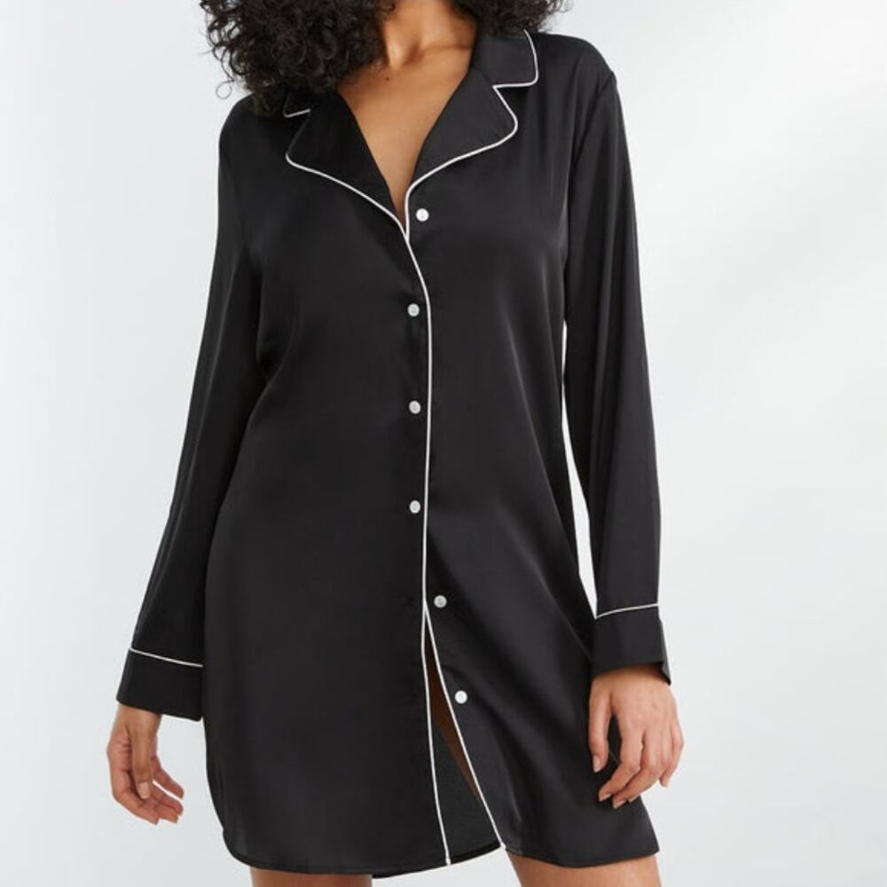 BARE NECESSITIES Lot of 2 L/S Washed Satin Button Front Sleep Shirts M Black